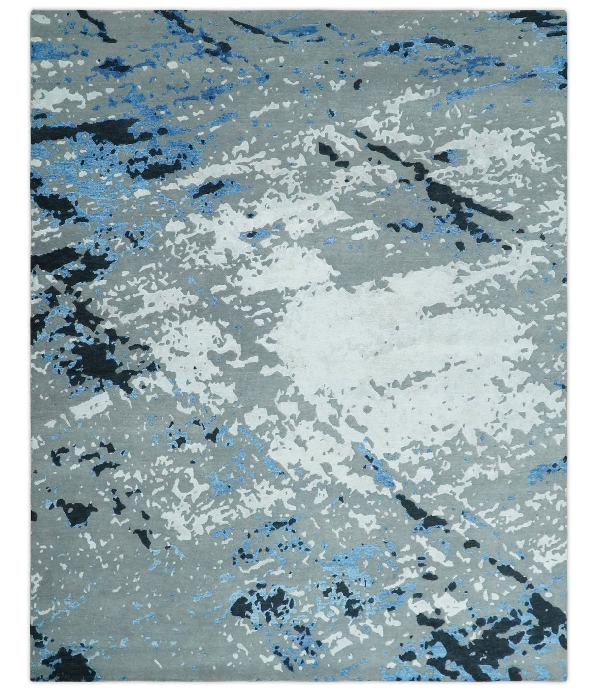 8x10 Ivory, Gray, Blue and Black Modern Abstract Hand Knotted Wool and Bamboo Silk Area Rug
