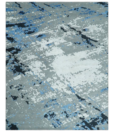 8x10 Ivory, Gray, Blue and Black Modern Abstract Hand Knotted Wool and Bamboo Silk Area Rug