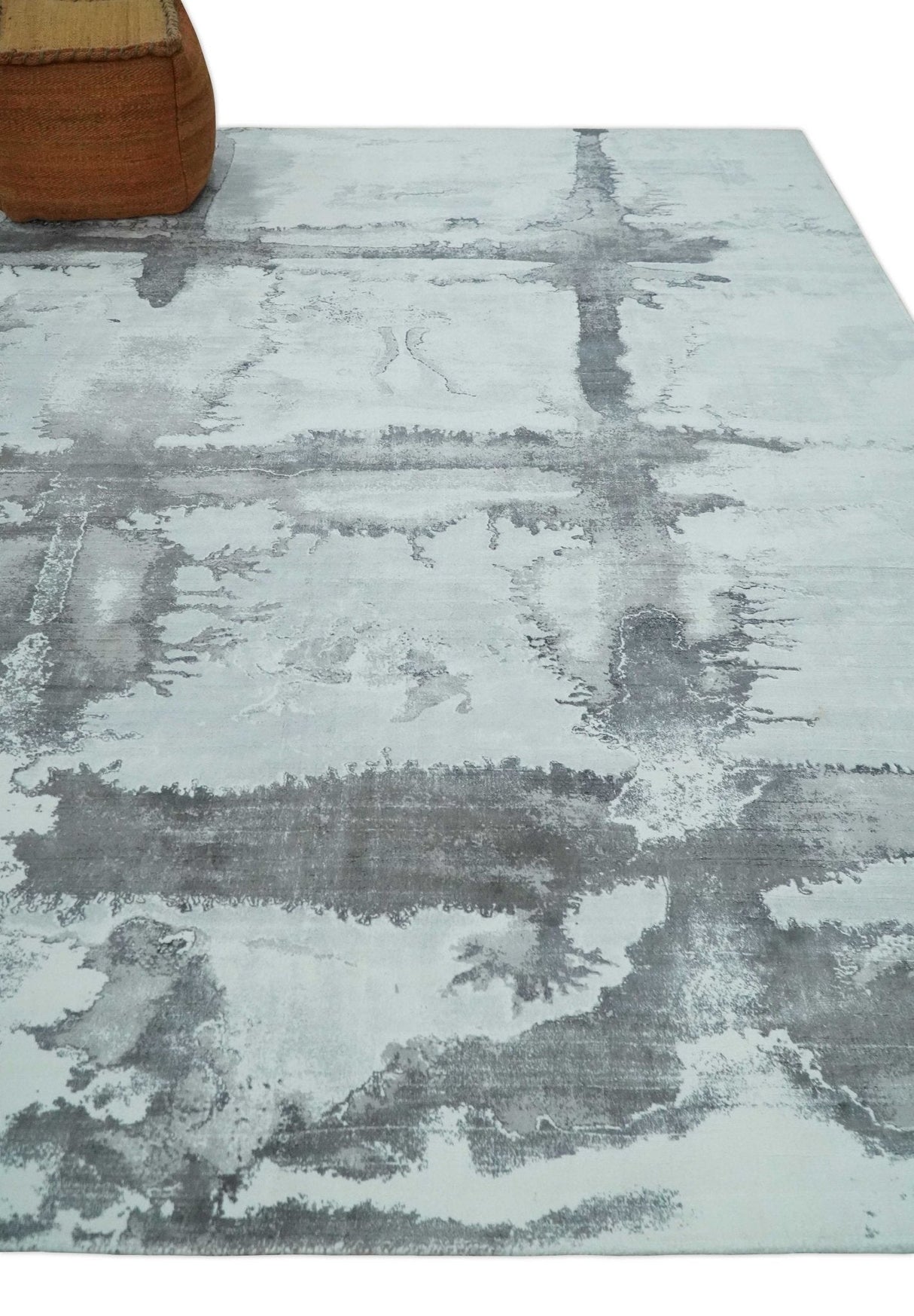 8x10 Ivory, Gray and Charcoal Modern Abstract Hand Tufted Art Silk Area Rug