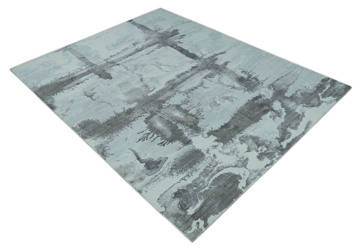 8x10 Ivory, Gray and Charcoal Modern Abstract Hand Tufted Art Silk Area Rug