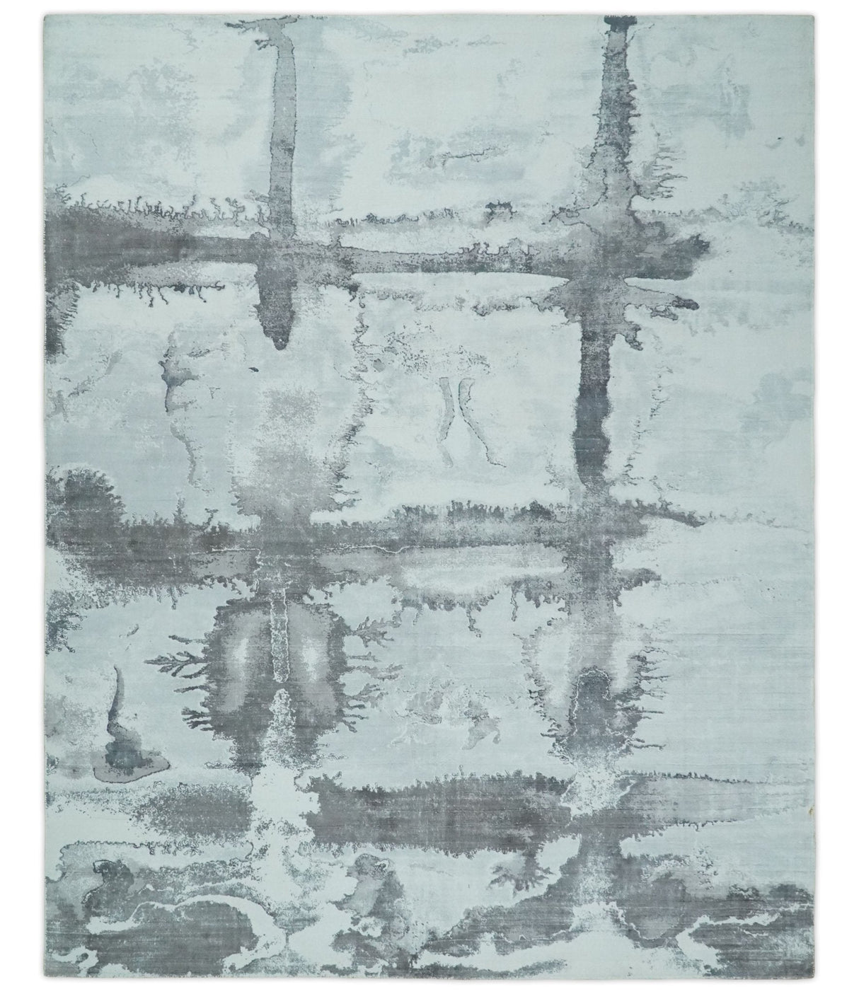 8x10 Ivory, Gray and Charcoal Modern Abstract Hand Tufted Art Silk Area Rug