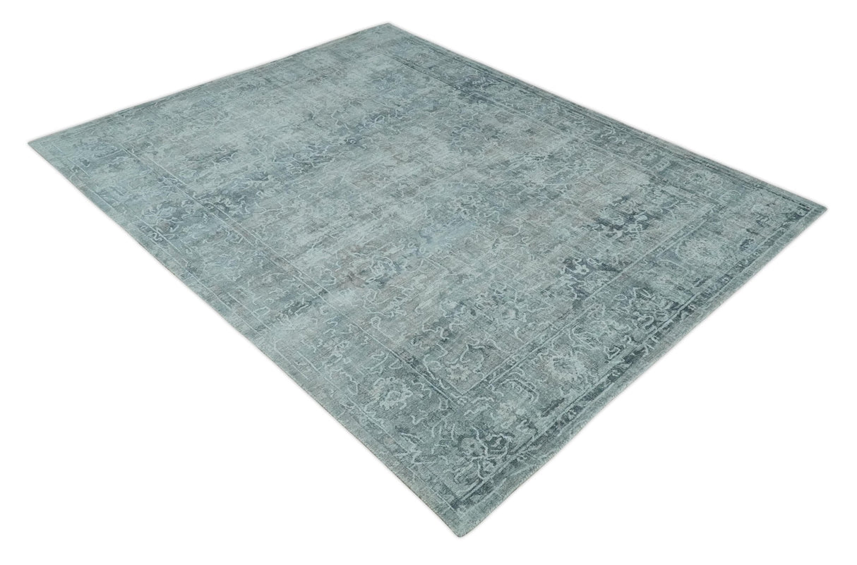 8x10 Ivory, Gray and Charcoal Traditional Erased Handmade Blended Wool Area Rug