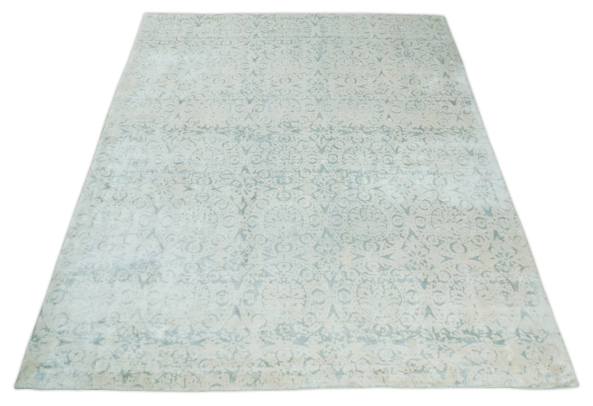 8x10 Ivory, Gray and Silver Modern Transitional Handmade Art Silk Area Rug