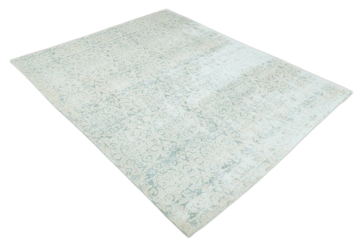 8x10 Ivory, Gray and Silver Modern Transitional Handmade Art Silk Area Rug