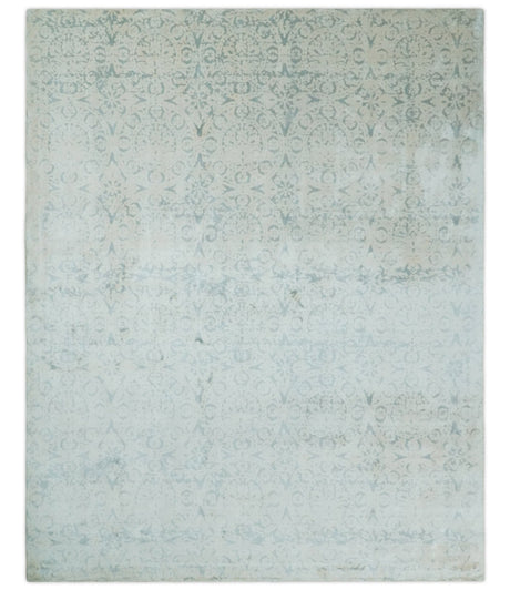 8x10 Ivory, Gray and Silver Modern Transitional Handmade Art Silk Area Rug