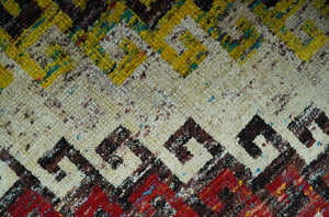 8x10 Ivory, Maroon, Black and Mustard Greek key design Hand Knotted wool area rug
