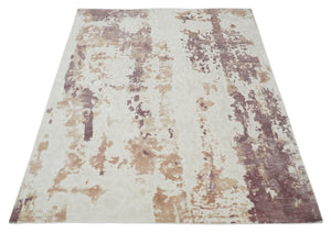 8x10 Ivory, Peach and Maroon Hand Carved Modern Abstract Hand Loomed Blended wool and Art silk Area Rug