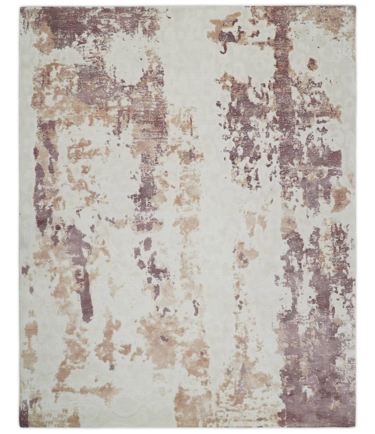 8x10 Ivory, Peach and Maroon Hand Carved Modern Abstract Hand Loomed Blended wool and Art silk Area Rug