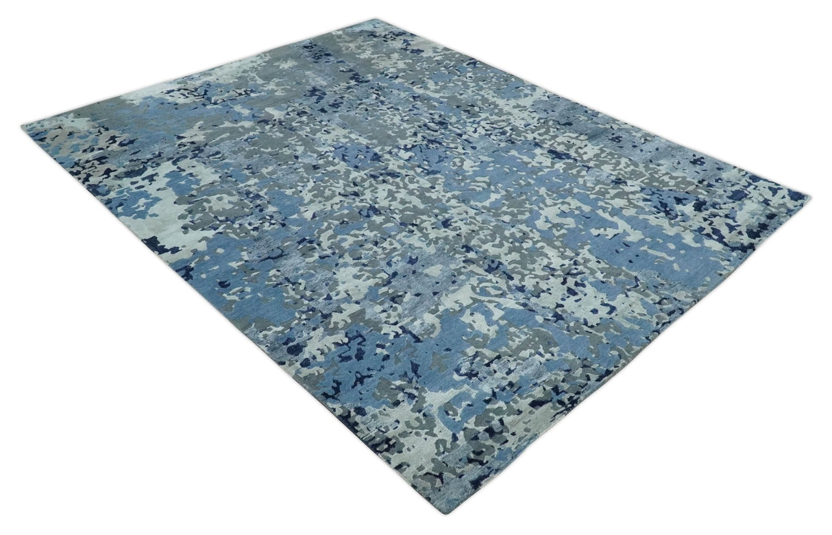 8x10 Ivory, Silver, Blue and Blue Modern Abstract Hand Knotted Wool and Bamboo Silk Area Rug