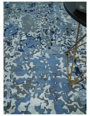 8x10 Ivory, Silver, Blue and Blue Modern Abstract Hand Knotted Wool and Bamboo Silk Area Rug