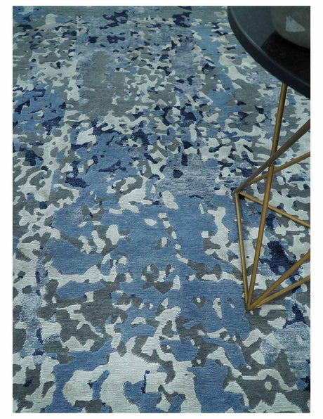 8x10 Ivory, Silver, Blue and Blue Modern Abstract Hand Knotted Wool and Bamboo Silk Area Rug
