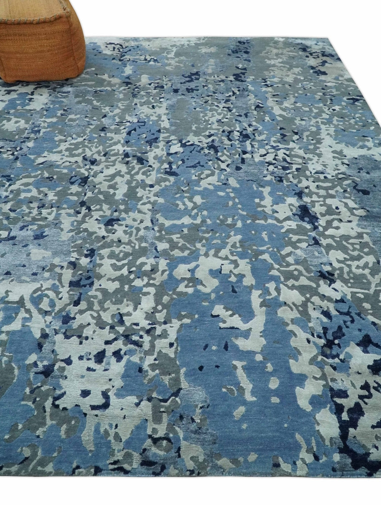 8x10 Ivory, Silver, Blue and Blue Modern Abstract Hand Knotted Wool and Bamboo Silk Area Rug