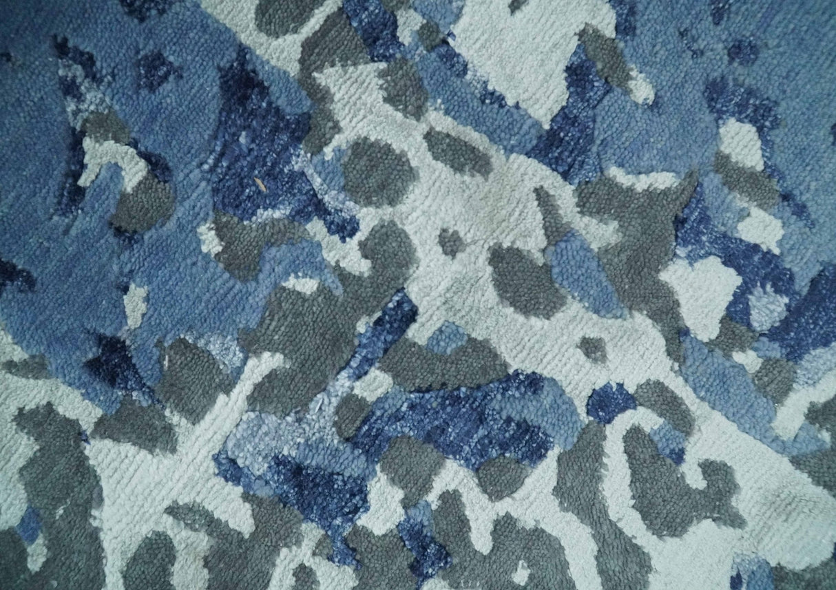 8x10 Ivory, Silver, Blue and Blue Modern Abstract Hand Knotted Wool and Bamboo Silk Area Rug