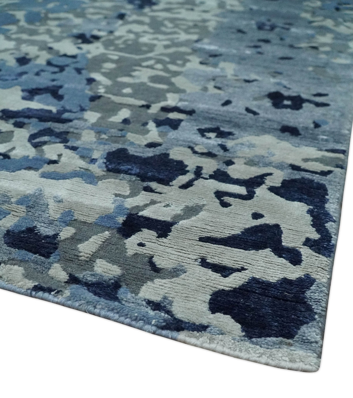 8x10 Ivory, Silver, Blue and Blue Modern Abstract Hand Knotted Wool and Bamboo Silk Area Rug