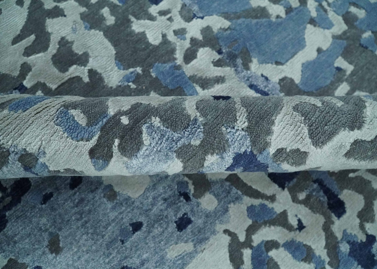 8x10 Ivory, Silver, Blue and Blue Modern Abstract Hand Knotted Wool and Bamboo Silk Area Rug