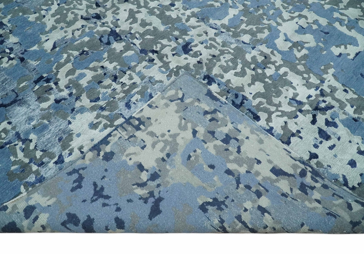8x10 Ivory, Silver, Blue and Blue Modern Abstract Hand Knotted Wool and Bamboo Silk Area Rug
