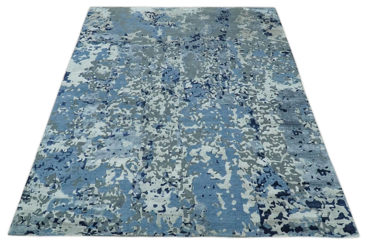 8x10 Ivory, Silver, Blue and Blue Modern Abstract Hand Knotted Wool and Bamboo Silk Area Rug