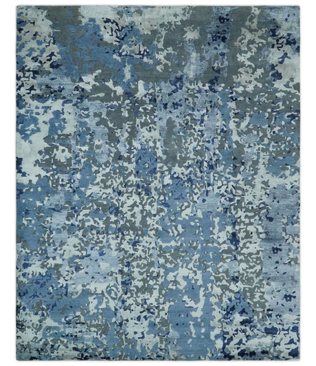 8x10 Ivory, Silver, Blue and Blue Modern Abstract Hand Knotted Wool and Bamboo Silk Area Rug