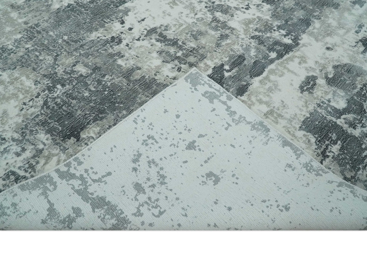 8x10 Ivory, Silver and Charcoal Modern Abstract Hand Loomed Blended wool and Art silk Area Rug