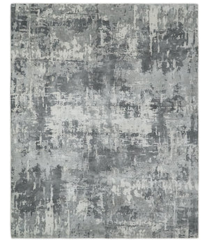 8x10 Ivory, Silver and Charcoal Modern Abstract Hand Loomed Blended wool and Art silk Area Rug