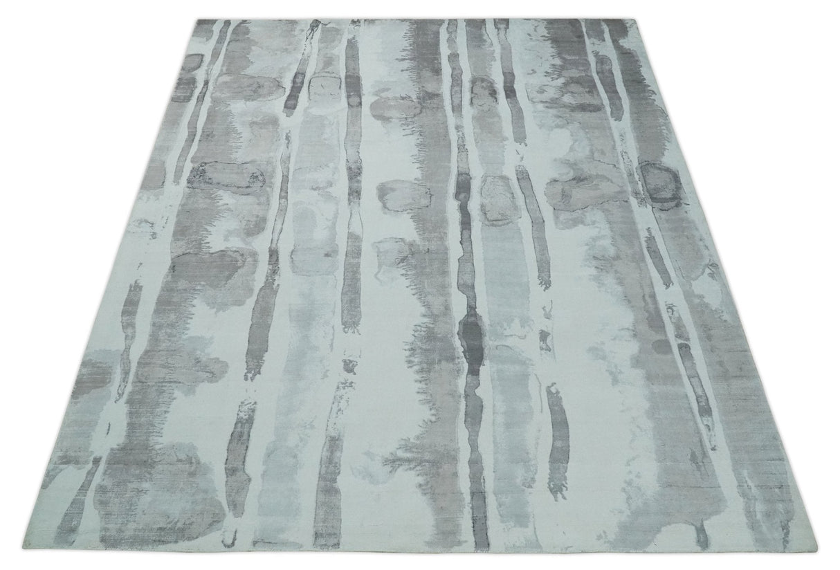 8x10 Ivory, Silver and Gray Modern Abstract Handmade Art Silk Area Rug