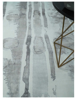 8x10 Ivory, Silver and Gray Modern Abstract Handmade Art Silk Area Rug