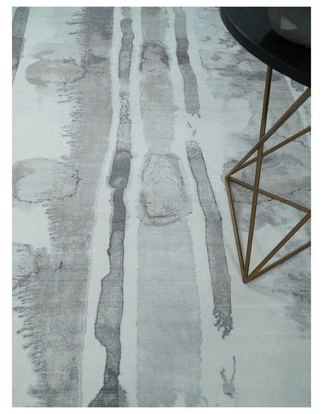 8x10 Ivory, Silver and Gray Modern Abstract Handmade Art Silk Area Rug