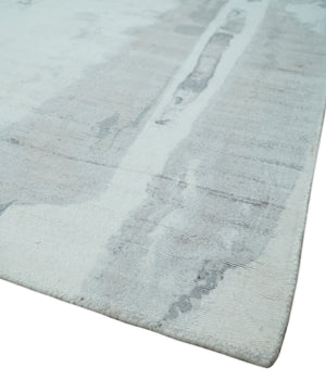8x10 Ivory, Silver and Gray Modern Abstract Handmade Art Silk Area Rug