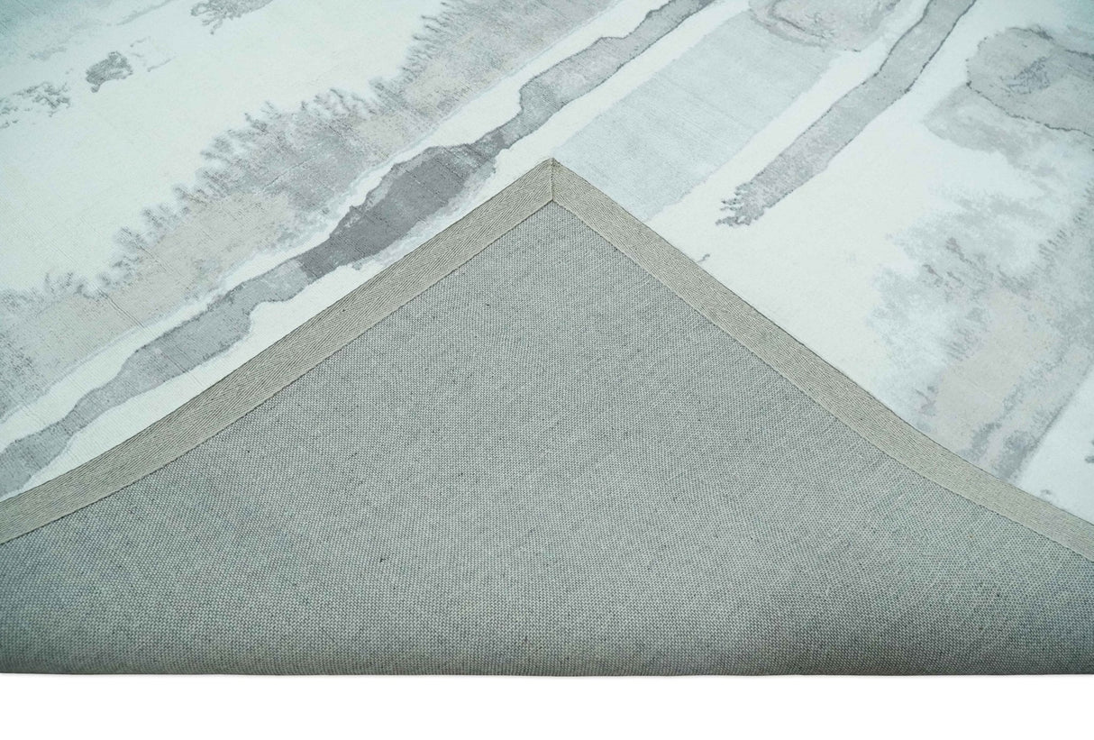8x10 Ivory, Silver and Gray Modern Abstract Handmade Art Silk Area Rug