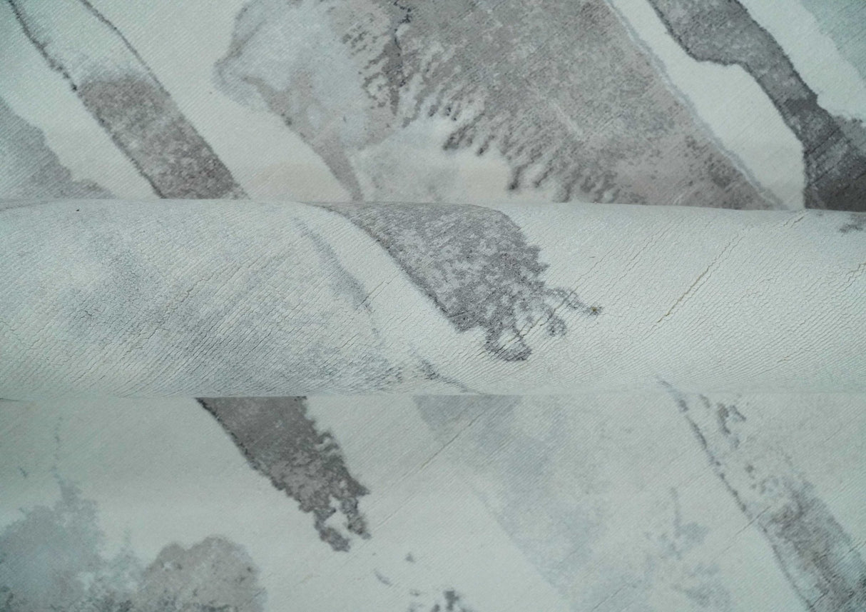 8x10 Ivory, Silver and Gray Modern Abstract Handmade Art Silk Area Rug