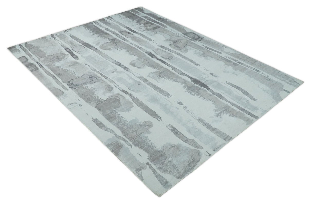 8x10 Ivory, Silver and Gray Modern Abstract Handmade Art Silk Area Rug