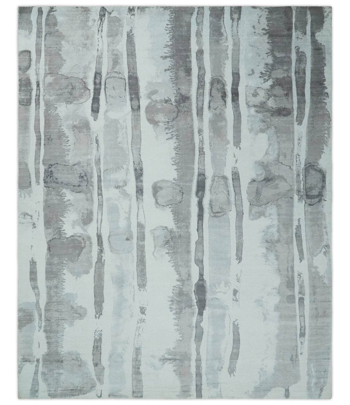 8x10 Ivory, Silver and Gray Modern Abstract Handmade Art Silk Area Rug