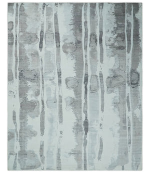 8x10 Ivory, Silver and Gray Modern Abstract Handmade Art Silk Area Rug