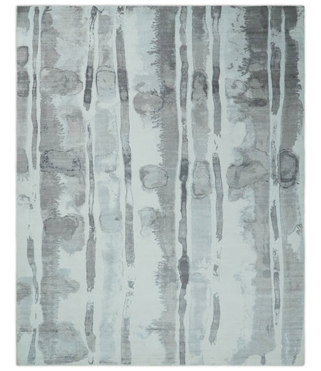 8x10 Ivory, Silver and Gray Modern Abstract Handmade Art Silk Area Rug