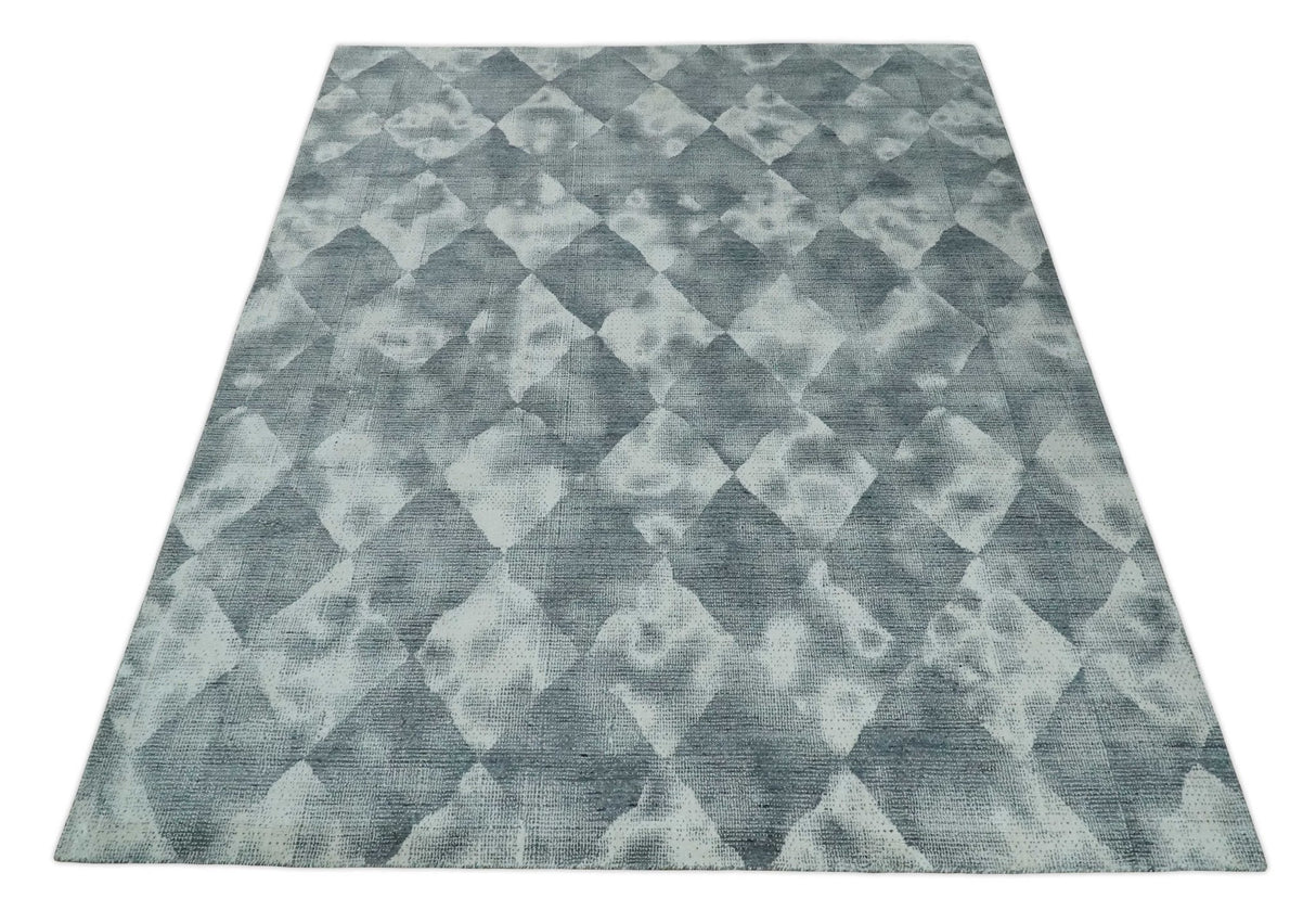 8x10 Ivory, Silver and Gray Modern Geometrical Handmade Art Silk Area Rug