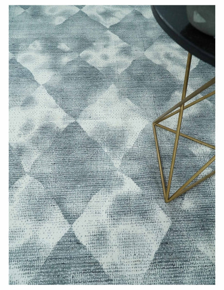 8x10 Ivory, Silver and Gray Modern Geometrical Handmade Art Silk Area Rug