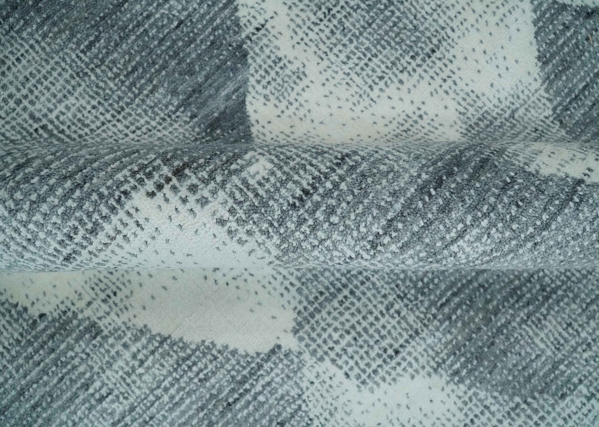 8x10 Ivory, Silver and Gray Modern Geometrical Handmade Art Silk Area Rug