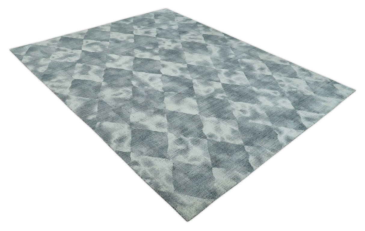 8x10 Ivory, Silver and Gray Modern Geometrical Handmade Art Silk Area Rug