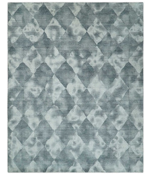 8x10 Ivory, Silver and Gray Modern Geometrical Handmade Art Silk Area Rug