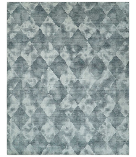 8x10 Ivory, Silver and Gray Modern Geometrical Handmade Art Silk Area Rug
