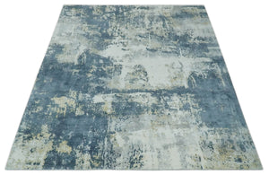 8x10 Ivory, Teal and Beige Modern Abstract Hand Loomed Blended wool and Art silk Area Rug