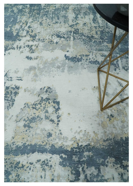 8x10 Ivory, Teal and Beige Modern Abstract Hand Loomed Blended wool and Art silk Area Rug