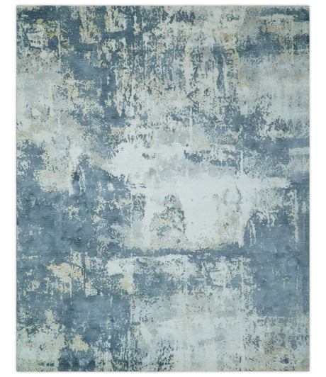 8x10 Ivory, Teal and Beige Modern Abstract Hand Loomed Blended wool and Art silk Area Rug
