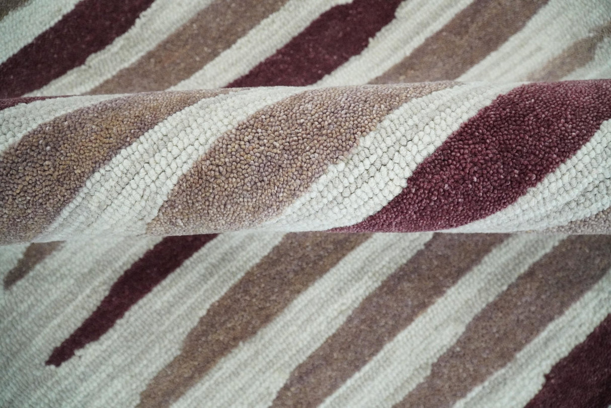 8x10 Ivory and Pink Hand Tufted Modern Scandinavian Stripe Wool Area Rug | YUK2