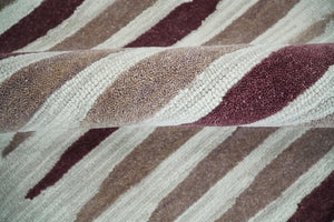 8x10 Ivory and Pink Hand Tufted Modern Scandinavian Stripe Wool Area Rug | YUK2