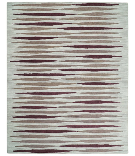8x10 Ivory and Pink Hand Tufted Modern Scandinavian Stripe Wool Area Rug | YUK2