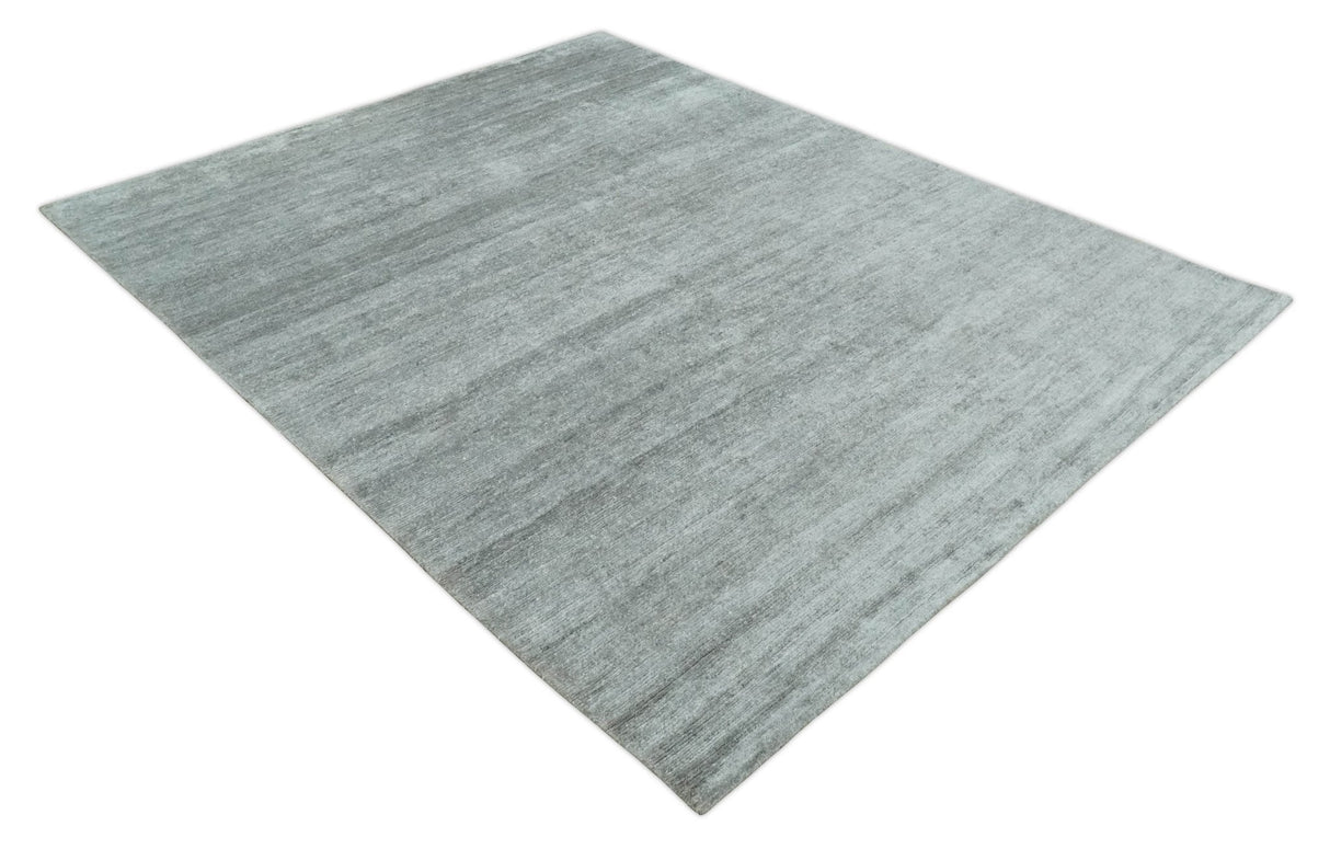 8x10 Ivory and Silver Blended Hand Loomed Modern Scandinavian Art Silk Area Rug