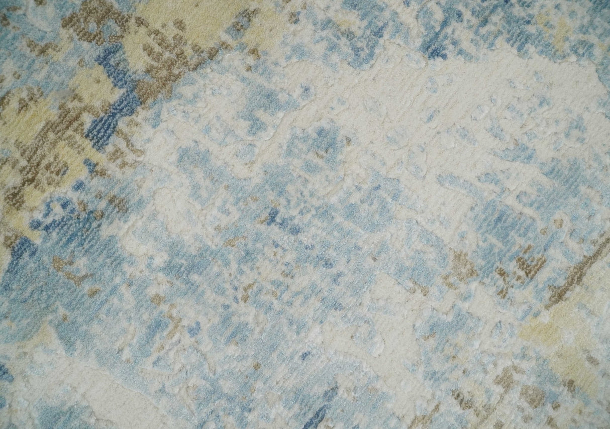 8x10 Modern Abstract Blended wool and Art silk Ivory, Teal and Beige Hand Loomed Area Rug
