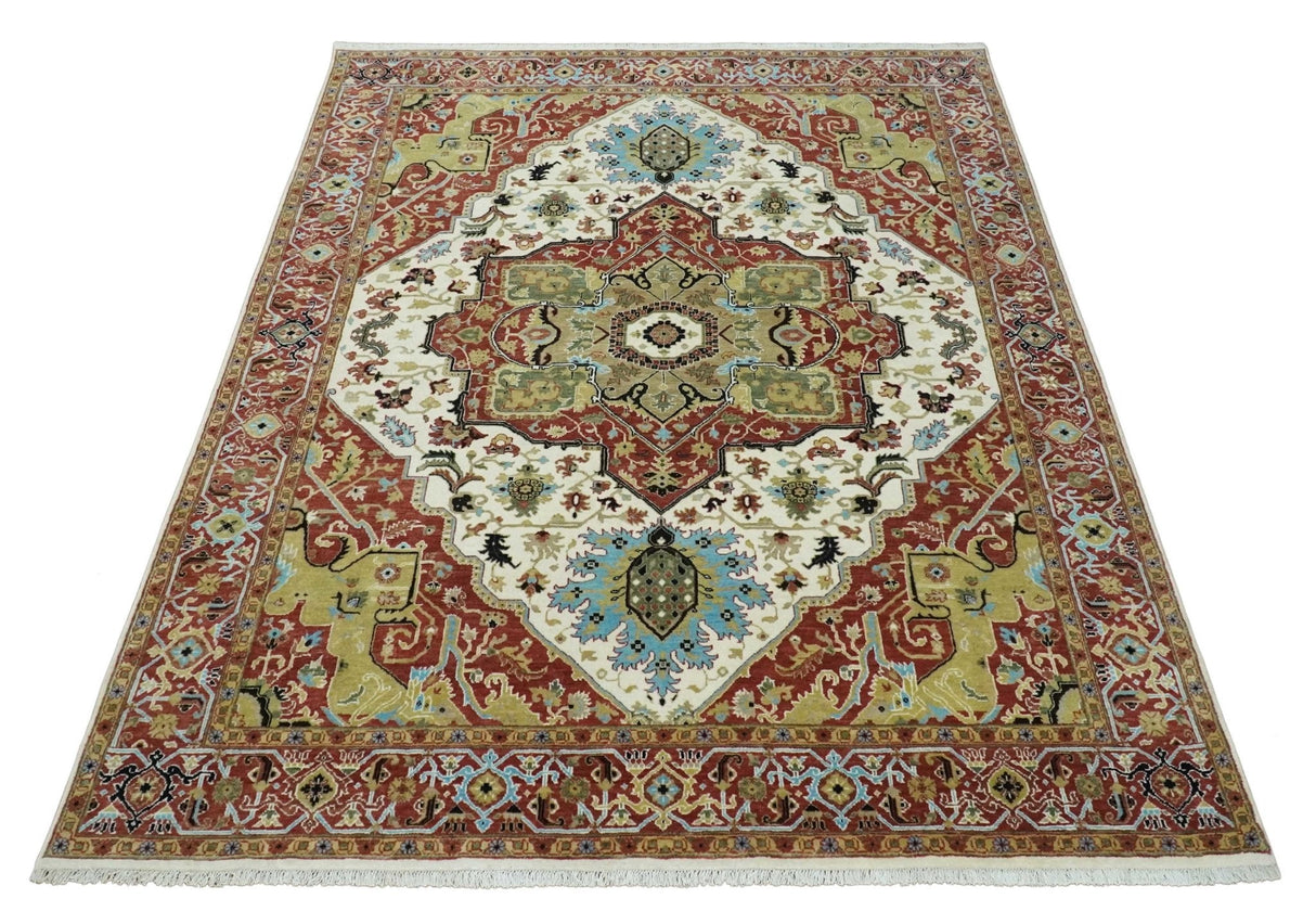 8x10 Olive, Rust and Ivory Heriz Serapi Traditional Vintage Antique Hand Knotted Wool Area Rug | TRDCP1363810
