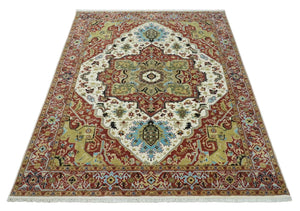 8x10 Olive, Rust and Ivory Heriz Serapi Traditional Vintage Antique Hand Knotted Wool Area Rug | TRDCP1363810